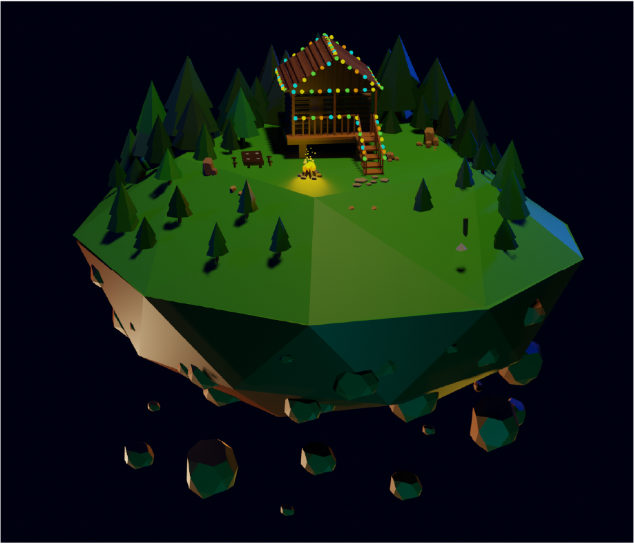 Render 3D de isla flotante en Blender versión tres