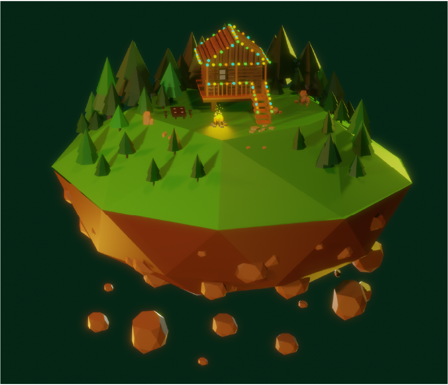Render 3D de isla flotante en Blender versión cinco