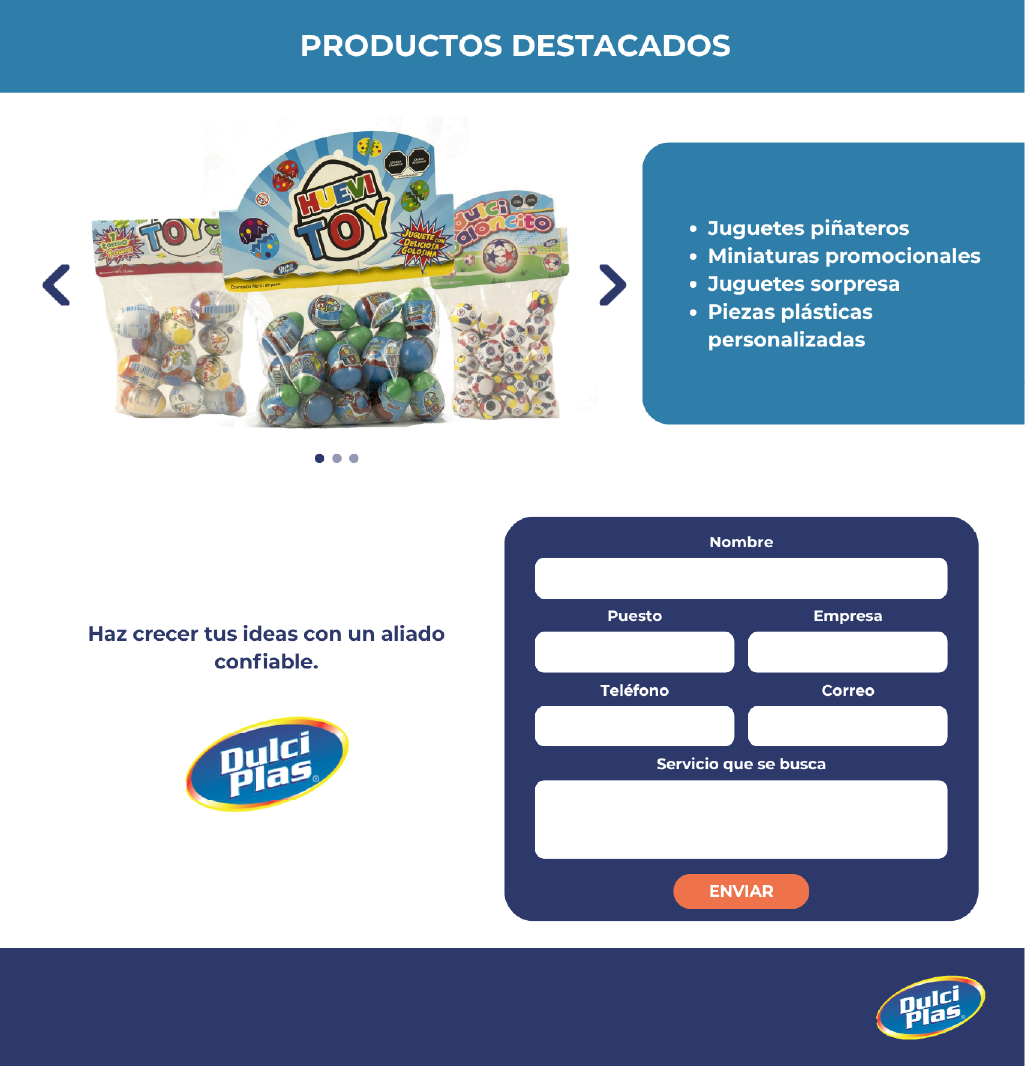 Sección de productos del sitio web de Dulciplas